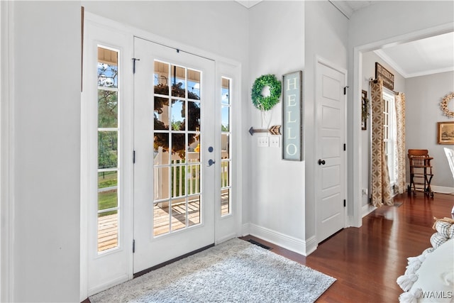 foyer entrance featuring dark hardwood / wood-style flooring and ornamental molding