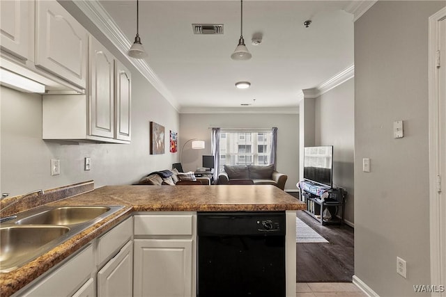 303 Helen Keller Blvd Unit B223, Tuscaloosa, AL 35404 - kitchen featuring black dishwasher, a peninsula, open floor plan, a sink, and crown molding