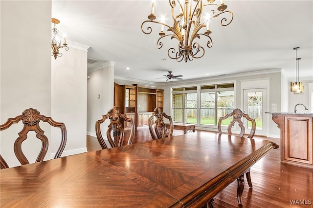 dining space featuring baseboards, ornamental molding, recessed lighting, and dark wood-style floors
