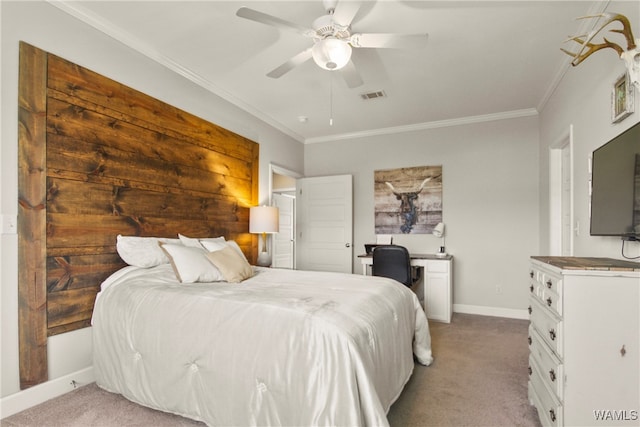 bedroom with ceiling fan, light colored carpet, and ornamental molding