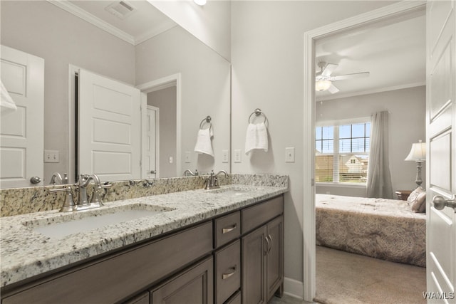 bathroom with ceiling fan, crown molding, and vanity