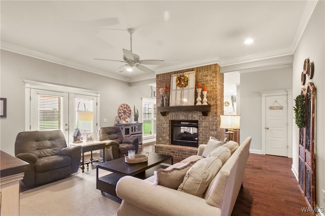 living room featuring crown molding, plenty of natural light, and dark wood-type flooring