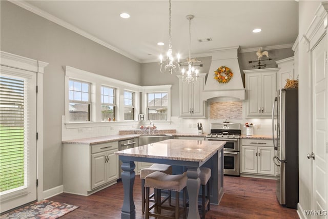 kitchen featuring white cabinetry, dark hardwood / wood-style floors, a kitchen island, custom range hood, and appliances with stainless steel finishes