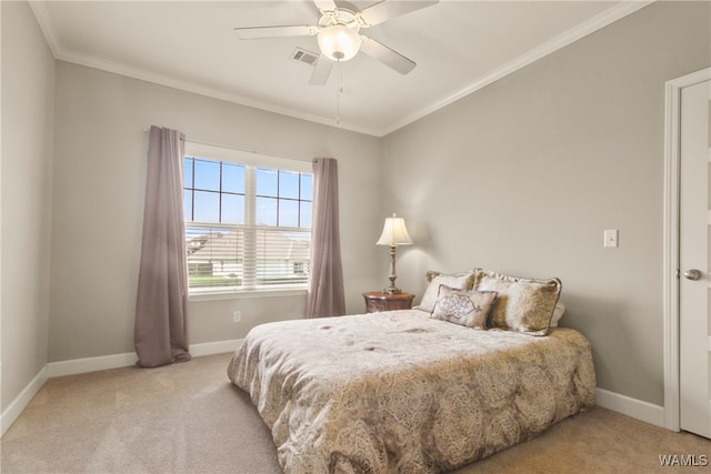 bedroom featuring light carpet, ceiling fan, and ornamental molding