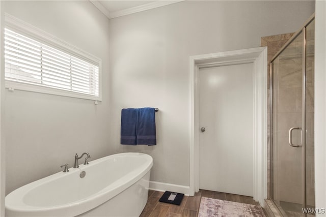 bathroom featuring hardwood / wood-style floors, independent shower and bath, and crown molding