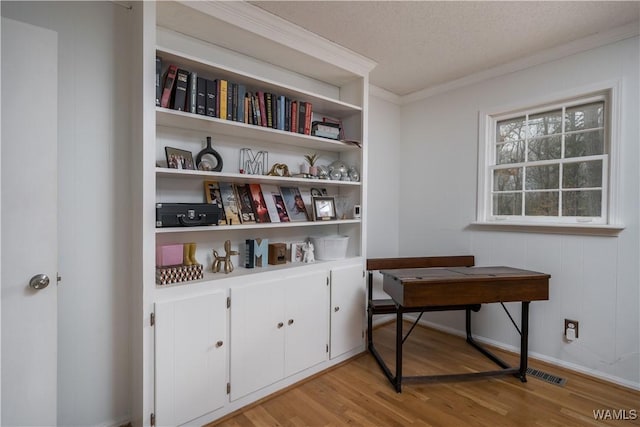 interior space with white cabinets, ornamental molding, light hardwood / wood-style floors, and a textured ceiling