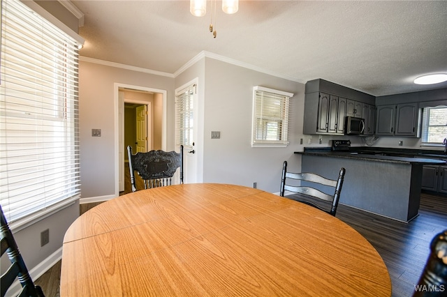 dining room featuring a textured ceiling, dark hardwood / wood-style floors, and crown molding