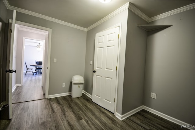 interior space with dark hardwood / wood-style floors and ornamental molding