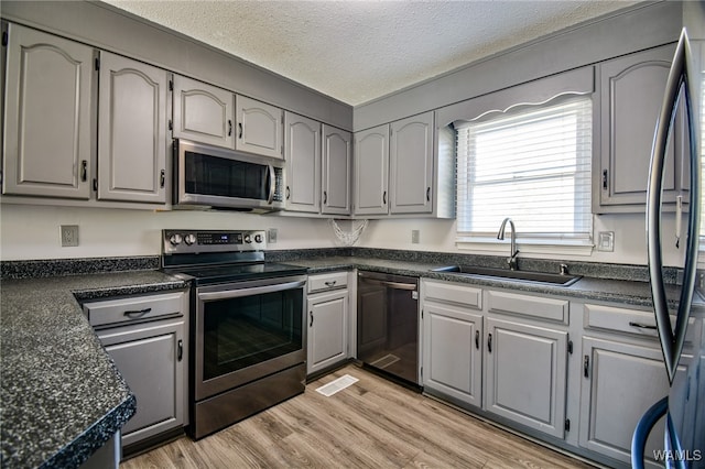 kitchen with gray cabinets, light hardwood / wood-style floors, sink, and stainless steel appliances