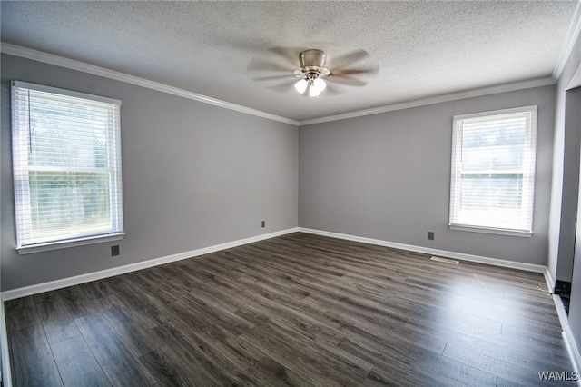 unfurnished room featuring crown molding, dark hardwood / wood-style flooring, and a textured ceiling