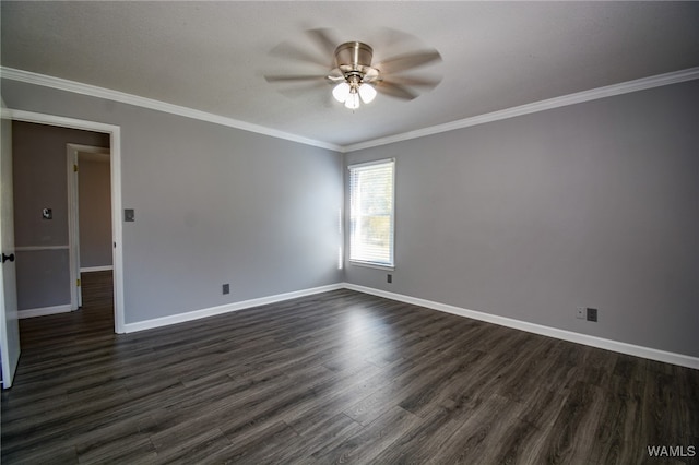 spare room with ceiling fan, dark hardwood / wood-style floors, and ornamental molding