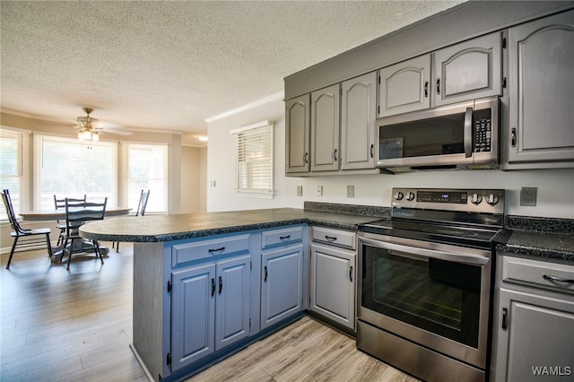 kitchen with kitchen peninsula, ceiling fan, light hardwood / wood-style floors, and appliances with stainless steel finishes