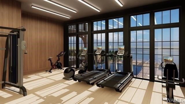 exercise room with wooden walls