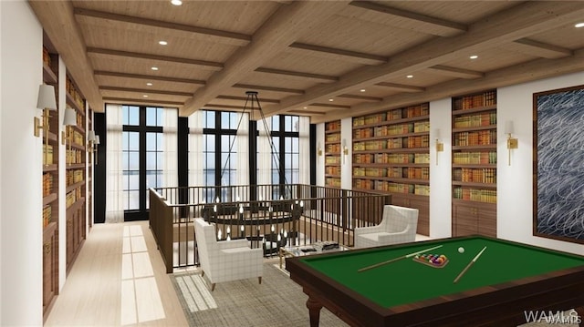 game room with floor to ceiling windows, built in features, beamed ceiling, and wood ceiling