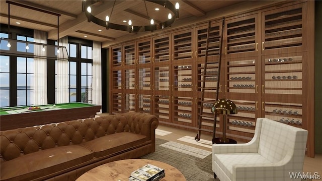 wine cellar with beamed ceiling, wood ceiling, and billiards