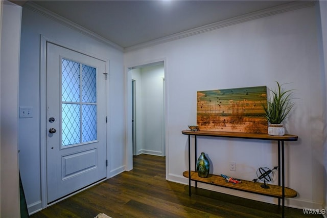 foyer entrance featuring baseboards, dark wood finished floors, and crown molding