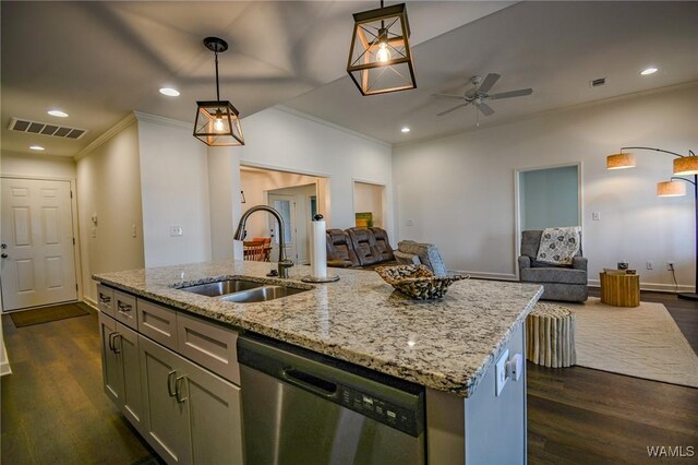 kitchen with dishwasher, open floor plan, a sink, and visible vents