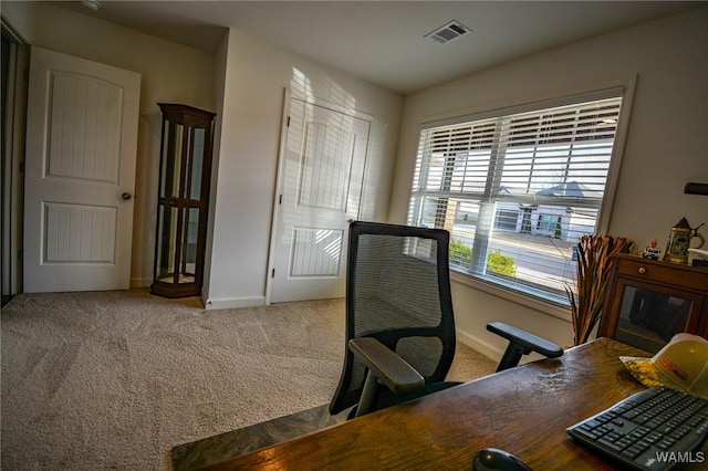 home office with carpet, visible vents, and baseboards