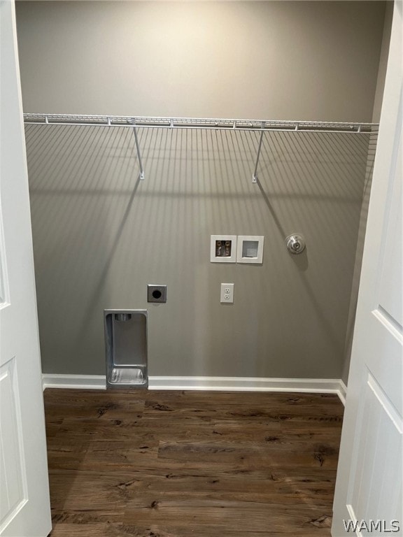 clothes washing area with hookup for a gas dryer, hookup for a washing machine, dark wood-type flooring, and hookup for an electric dryer