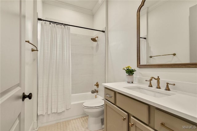 full bath with vanity, toilet, crown molding, and shower / bath combination with curtain