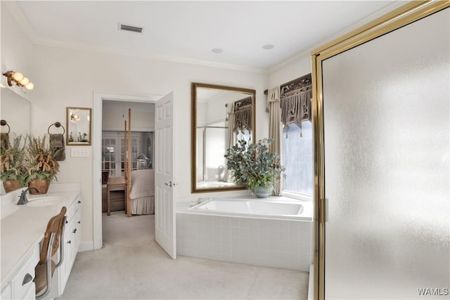 ensuite bathroom featuring a garden tub, visible vents, ornamental molding, and connected bathroom