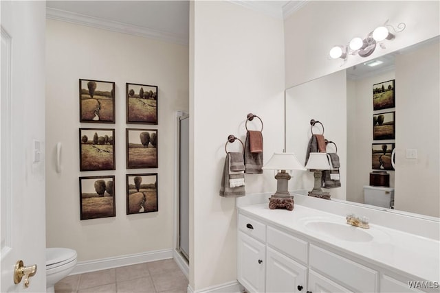 full bathroom with a shower with door, tile patterned floors, toilet, and crown molding