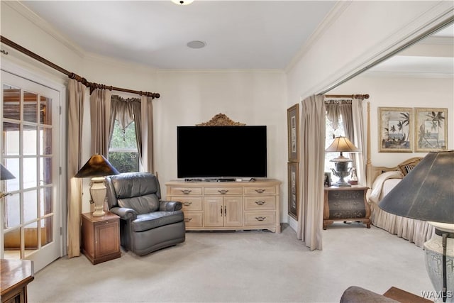 interior space with light carpet and ornamental molding