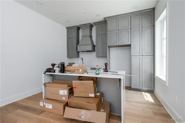 1300 Paul W Bryant Dr Unit 100, Tuscaloosa, AL 35401 - kitchen featuring light wood-style flooring, premium range hood, light countertops, and gray cabinetry