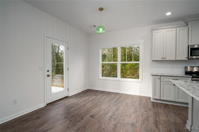 unfurnished dining area featuring dark hardwood / wood-style flooring and a healthy amount of sunlight