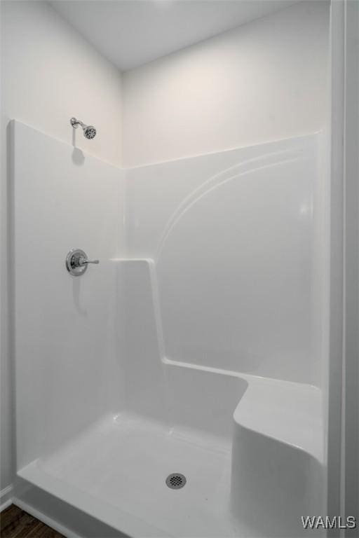 bathroom with a shower and hardwood / wood-style flooring