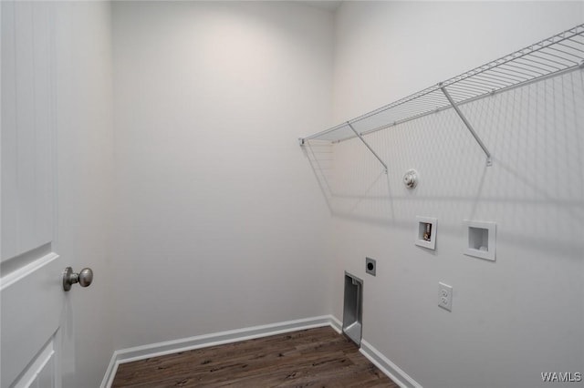 washroom with washer hookup, hookup for an electric dryer, gas dryer hookup, and dark wood-type flooring