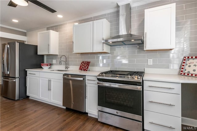 kitchen with white cabinetry, sink, wall chimney range hood, and appliances with stainless steel finishes