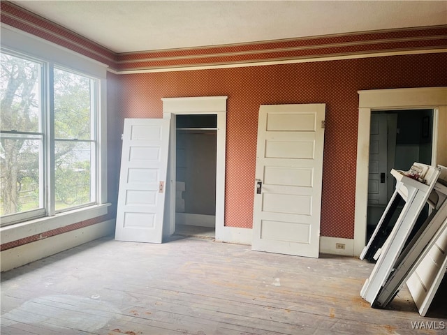 interior space with multiple windows, a closet, and hardwood / wood-style floors