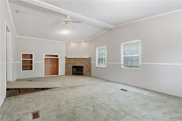 10463 Beulah Lake Ln, Cottondale, AL 35453 - unfurnished living room featuring carpet, a fireplace, and ceiling fan