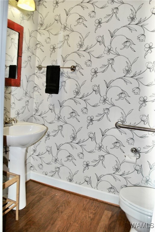 bathroom featuring toilet, wood-type flooring, and sink