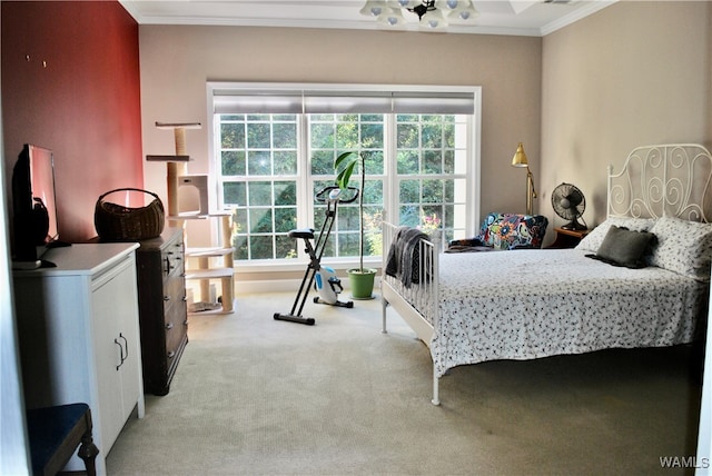 bedroom with carpet flooring and crown molding