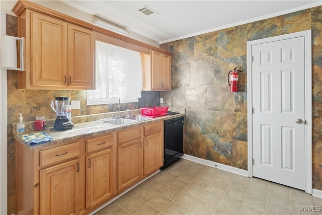 kitchen with crown molding, dishwasher, sink, and tile walls