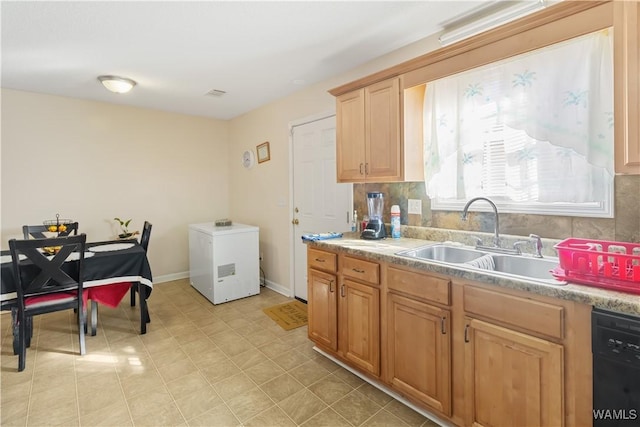 kitchen with fridge, black dishwasher, and sink