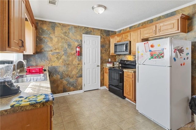 kitchen featuring black range with electric stovetop, crown molding, sink, and white refrigerator