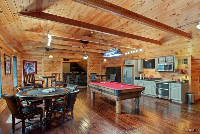 rec room featuring lofted ceiling with beams, wood walls, wood ceiling, and dark wood finished floors