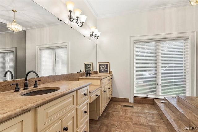 bathroom with vanity, parquet floors, ornamental molding, and a chandelier