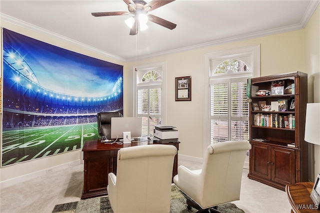 home office featuring ceiling fan, light colored carpet, and ornamental molding