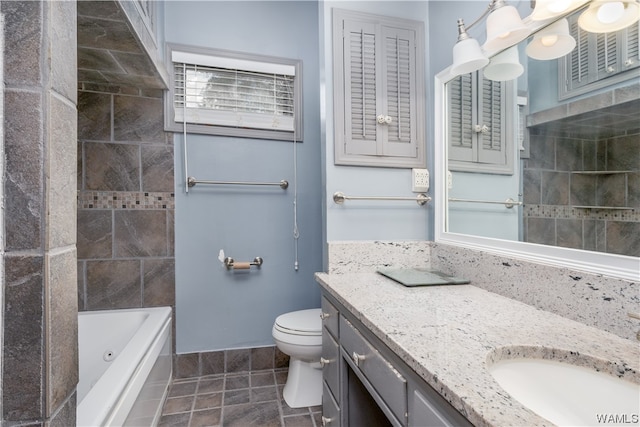 full bathroom featuring tile patterned flooring, vanity, toilet, and shower with separate bathtub