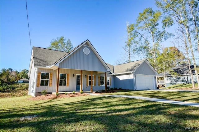 modern farmhouse with a porch, a front yard, and a garage