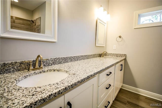 bathroom with hardwood / wood-style floors and vanity