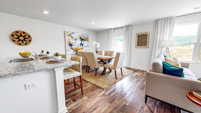 dining room with dark wood-type flooring and sink