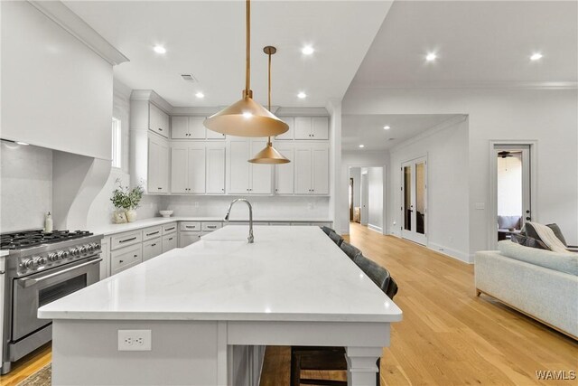 5377 Alexander Ave, Tuscaloosa, AL 35406 - kitchen with high end range, crown molding, tasteful backsplash, light wood-style floors, and a kitchen island with sink