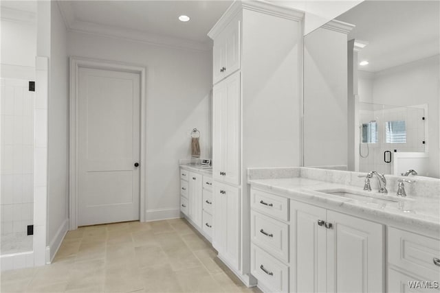 5377 Alexander Ave, Tuscaloosa, AL 35406 - bathroom with vanity, a shower stall, crown molding, and recessed lighting
