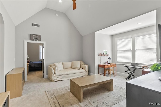 5377 Alexander Ave, Tuscaloosa, AL 35406 - living area featuring light carpet, vaulted ceiling, a ceiling fan, a desk, and recessed lighting