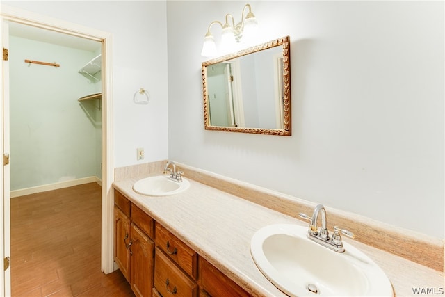 bathroom with hardwood / wood-style floors and vanity